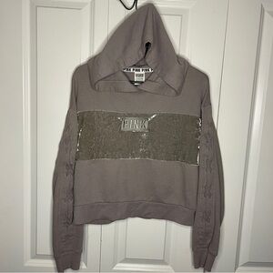 Victoria's Secret Pink Size Small Crop Velvet Stripe Lace-Up Sleeve Hoodie Gray